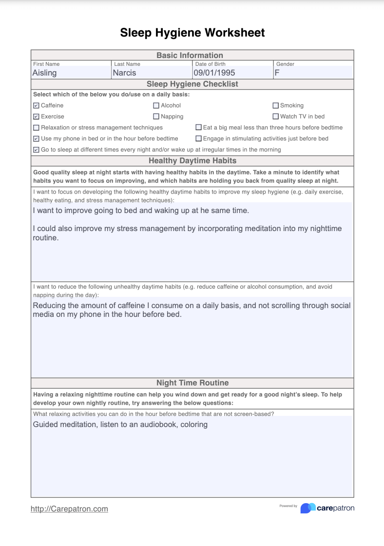 Sleep hygiene worksheet & example